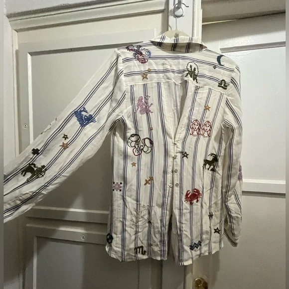 Johnny Was ARIANA BUTTON BACK striped silk shirt with zodiac embroidery size sm - Picture 11 of 16